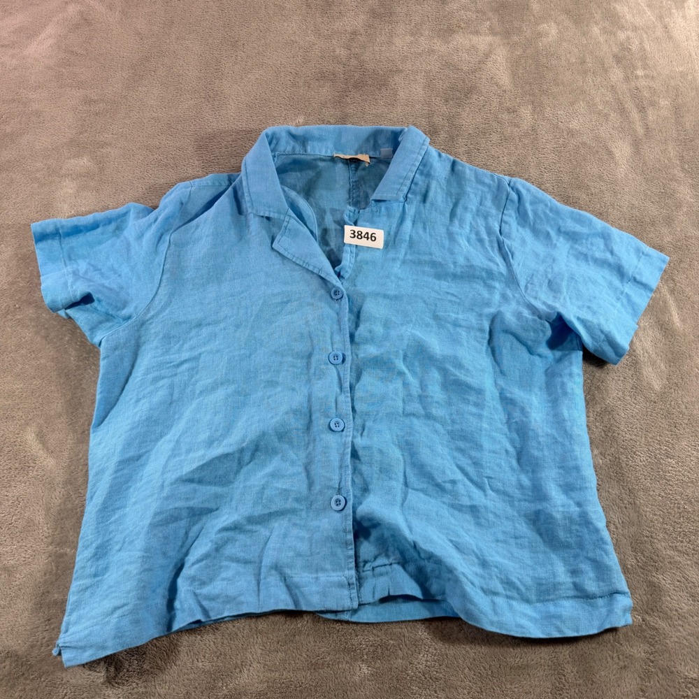 Elie Tahari Button Down Shirt Womens Large Blue 100% Linen Short Sleeve Camp Top